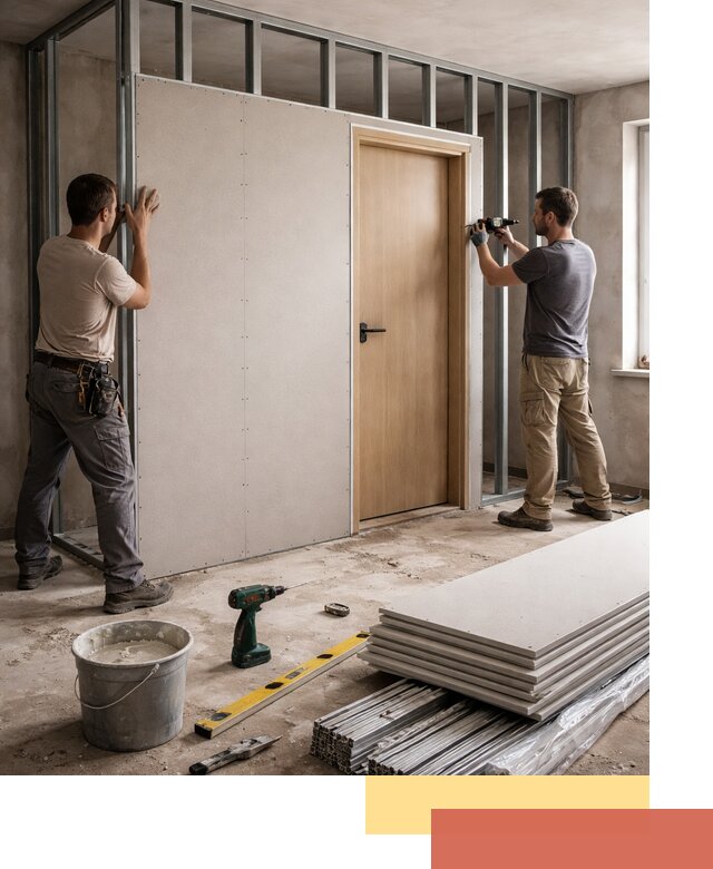 Перегородка из гипсокартона с дверью под ключ в Тихорецке