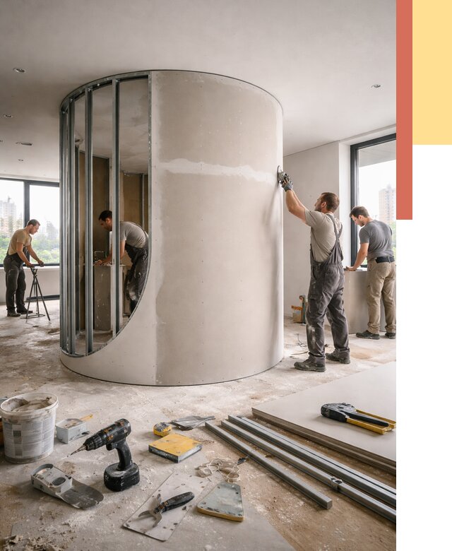 Радиусная перегородка из гипсокартона в Тихорецке от 2989 руб. под ключ | ОТДЕЛОЧНИК-Тхр