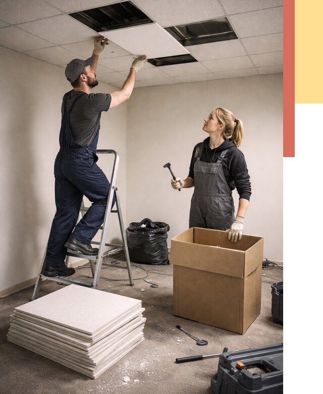 Демонтаж потолочной плитки в Тихорецке от 4638 руб. быстро и недорого | ОТДЕЛОЧНИК-Тхр