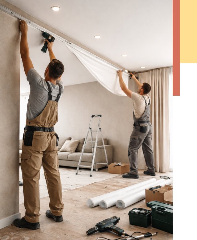 Монтаж натяжного потолка в гостиной в Тихорецке от 567 руб. | ОТДЕЛОЧНИК-Тхр