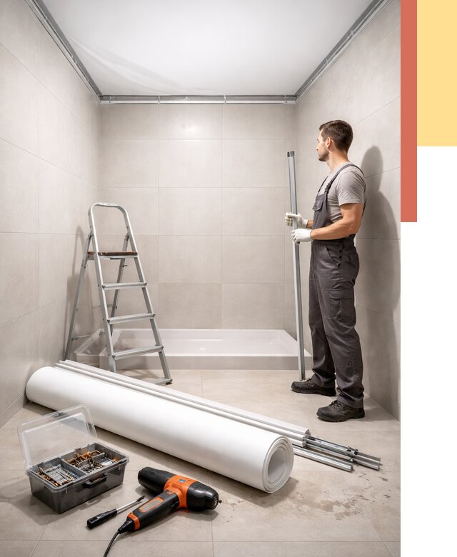 Монтаж натяжного потолка в санузле в Тихорецке от 1907 руб. — ОТДЕЛОЧНИК-Тхр