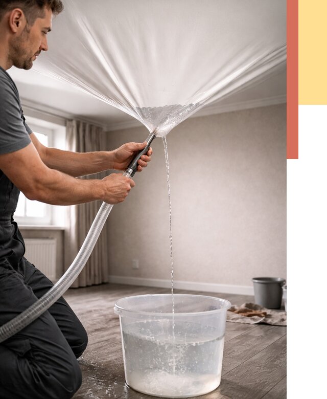 Слив воды с натяжного потолка в Тихорецке от 2577 руб. быстро и недорого | ОТДЕЛОЧНИК-Тхр